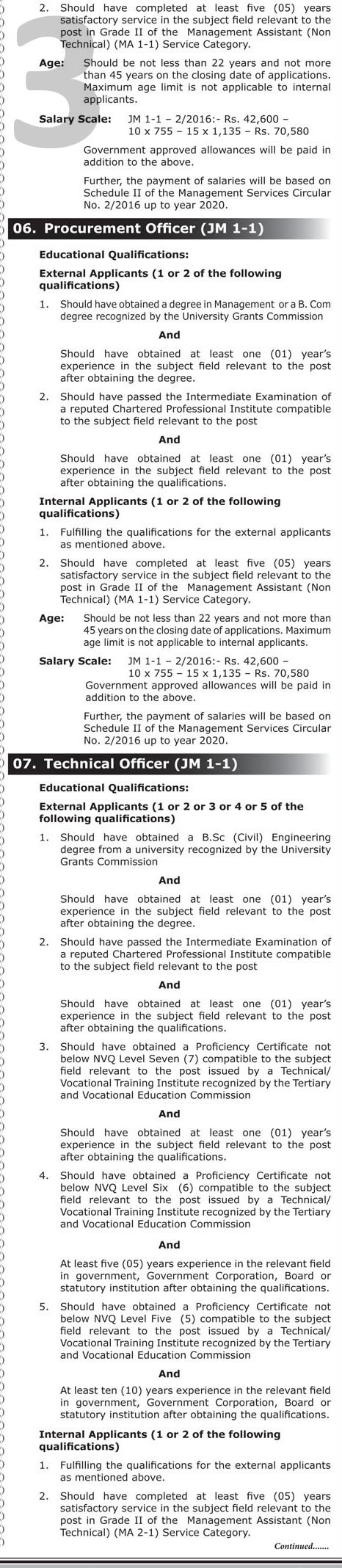 Development Assistant, Management Assistant, Additional Director, Board Secretary/Legal Officer, Administration Officer, Procurement Officer, Technical Officer, Tamil Translator, Instructor, Officer in Charge - National Youth Corps